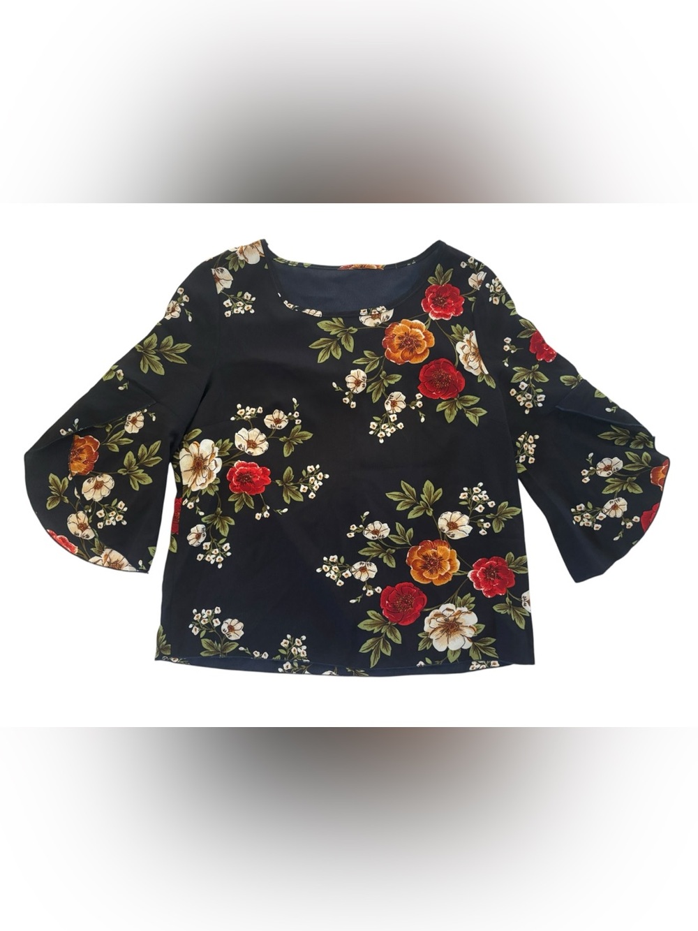 SHEIN Black Floral Bell Sleeve Blouse with Red and Gold Blooms